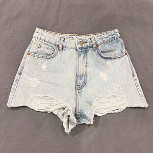 Zara TRF Curved high-waisted distressed denim shorts in a light blue wash
